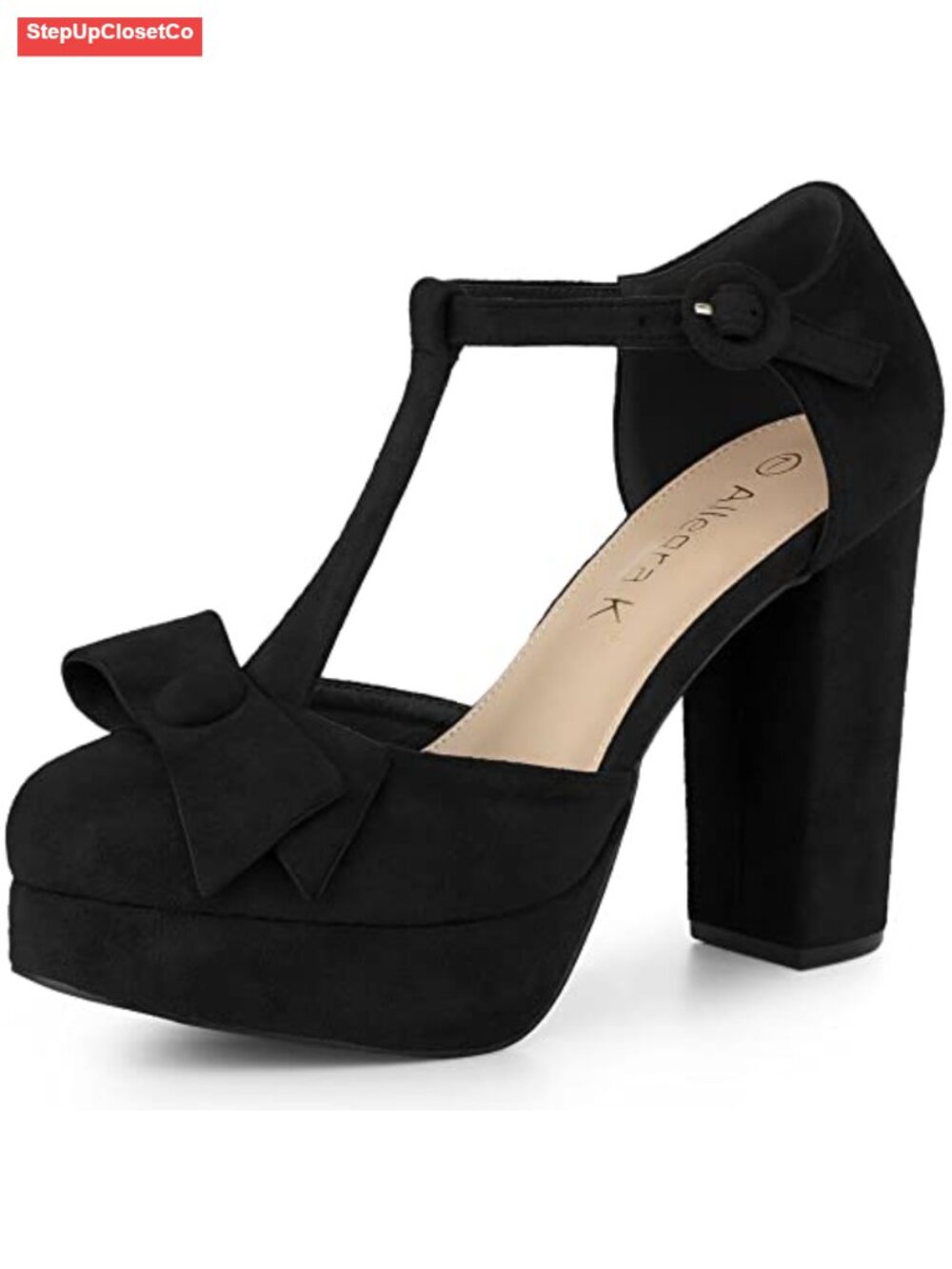 Faux Suede Mary Jane Platform Pumps Chunky Block Heels Bow T-Strap